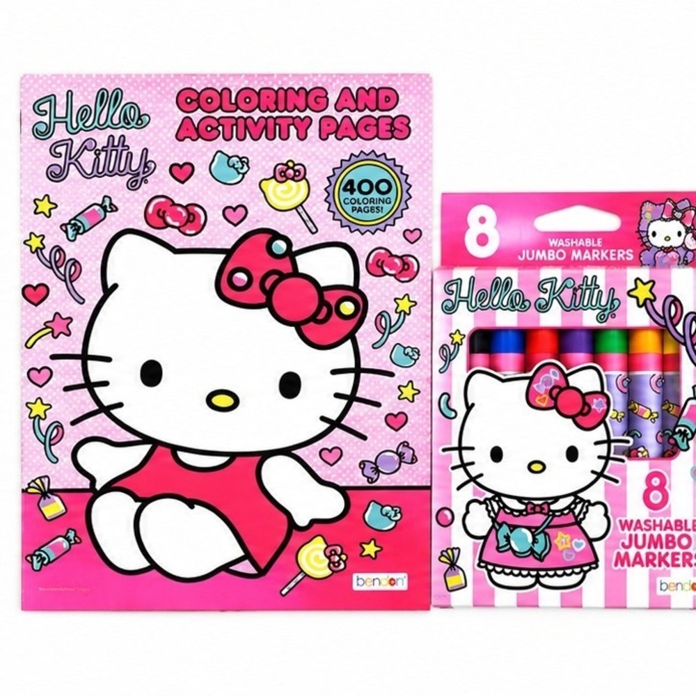Hello Kitty 400-Page Coloring Activity Book + 8 Jumbo Washable HK Markers Bundle